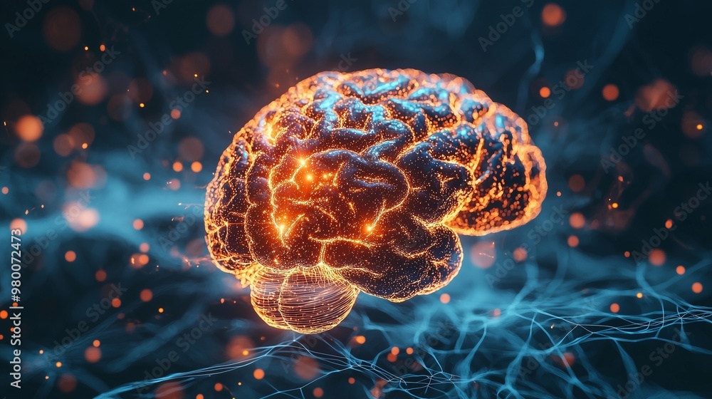 Poster a glowing human brain surrounded by neural networks, representing the nervous system in a heightened