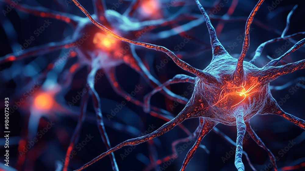 Aufkleber close-up of neurons with glowing synapses, representing the human brain and nervous system in a stat