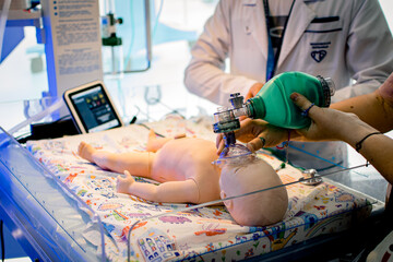 A special mannequin designed for training specialists in the care and resuscitation of newborn...