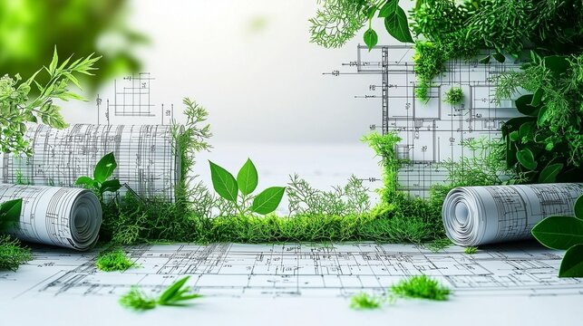 Blueprints and greenery symbolize eco-friendly construction and sustainable building practices.