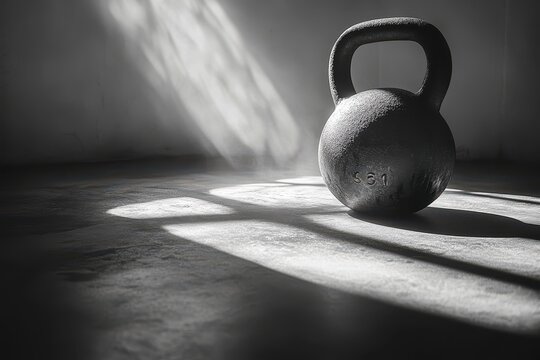 Kettlebell and ball illuminated by backlight and shadow in Crossfit
