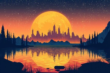 Obraz premium Silhouetted Cityscape Reflected in a Still Lake Underneath a Large Moon and Starry Sky