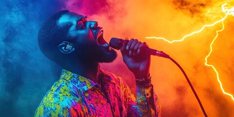 black male R&B singer singing colorful music in colorful electricity, 