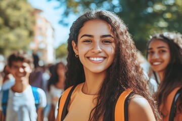 Latina student with friends outdoors in the city during summer