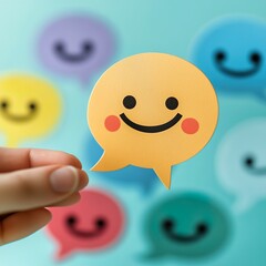 Hand holding a yellow smiley face cutout cheerful and bright green background