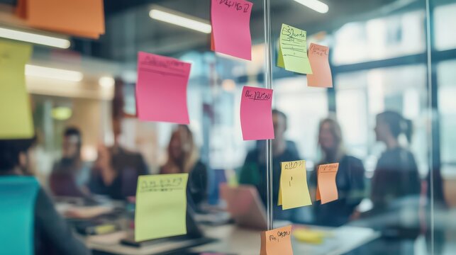 Group brainstorming session with sticky notes on a glass wall