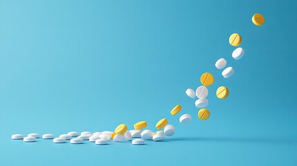  A line of pills falling in a sequence on a blue background