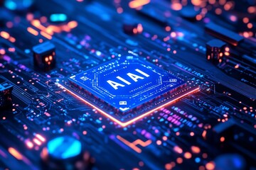 Obraz premium Close up of a blue AI microchip glowing with circuitry symbolizing the core of artificial intelligence and cognitive processing in the field of digital technology