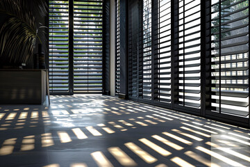Sunlight streams through closed black shutters in a modern room, casting long, horizontal shadows on the floor. Generative Ai