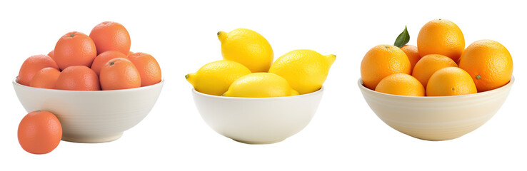 Set of citrus in a bowl with grapefruit, lemons and oranges on isolated transparent background