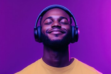 Music streaming platforms Image of a happy Black man in wireless headphones immersed in his favorite playlist eyes closed under neon lights against a purple backdrop panoramic vi