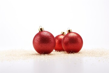 Three shiny red Christmas balls over white background. Christmas banner with copy space