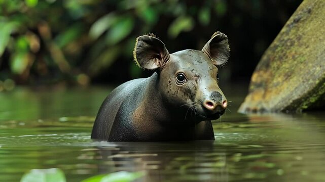 A surprising encounter with a capybara in the tranquil waters of the Amazon rainforest at sunset