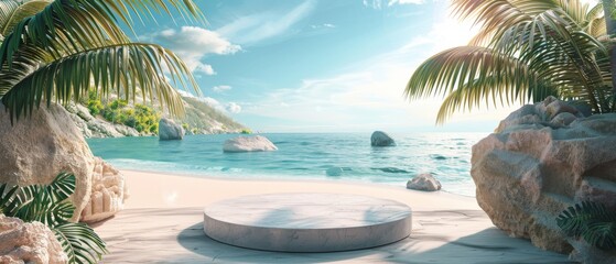 A podium on the beach with palm trees under an azure sky. Empty podium for product presentation.