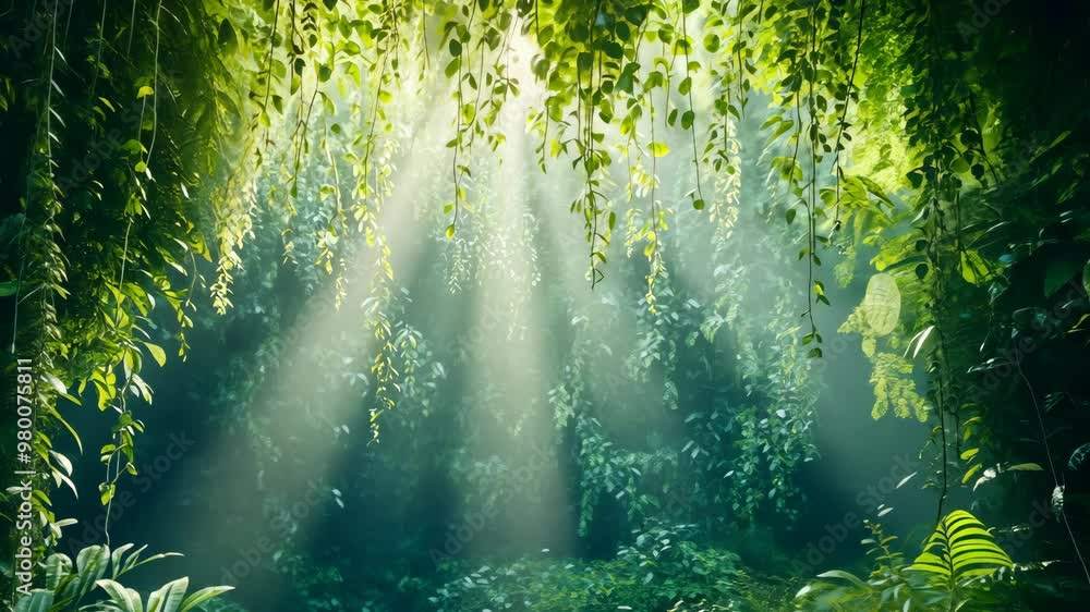 Poster exploring a serene jungle landscape with rays of sunlight filtering through lush greenery