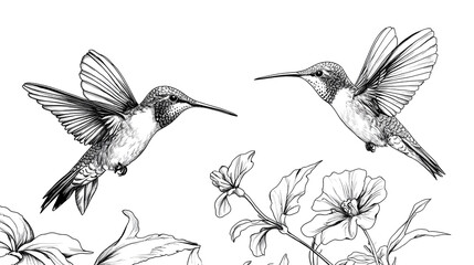 Fototapeta premium Pair of Hummingbirds Hovering Near a Flower