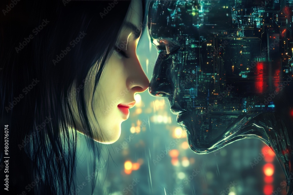 Poster intimate encounter between human and machine symbolizing the convergence of emotions thoughts and di