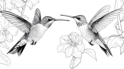 Pair of Hummingbirds Hovering Near a Flower