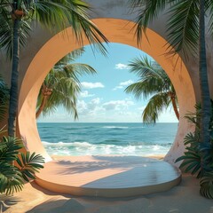 Fototapeta premium A podium on the beach with palm trees under an azure sky. Empty podium for product presentation.