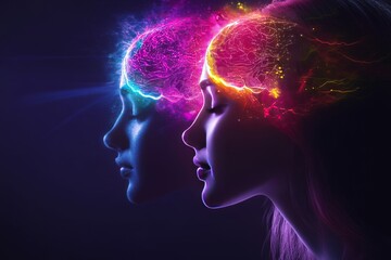 Dual profile of humanoid cyborgs connected by a glowing neural link symbolizing the seamless interaction between AI driven intelligence and human like emotions in a digital world