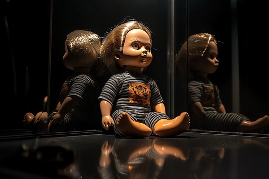A doll sitting in a shadowy corner, its reflection showing something entirely different in the mirror