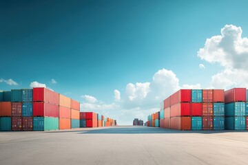 Panoramic view of numerous stacked cargo containers in a shipping yard at a commercial port under a blue sky representing international logistics