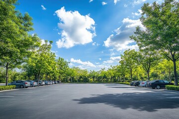 Parking area on asphalt surrounded by trees with a backdrop of white clouds and blue skies on a sunny day Outdoor lot with vibrant nature and a hint of tech