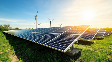 Solar Energy Field: Gleaming Panels, Bright Sunlight, Wind Turbines, Green Landscape, Sustainable Technology, Clean Energy Future