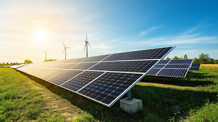 Solar Energy Field: Gleaming Panels, Bright Sunlight, Wind Turbines, Green Landscape, Sustainable Technology, Clean Energy Future