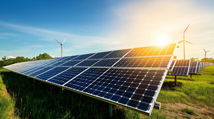 Solar Energy Field: Gleaming Panels, Bright Sunlight, Wind Turbines, Green Landscape, Sustainable Technology, Clean Energy Future