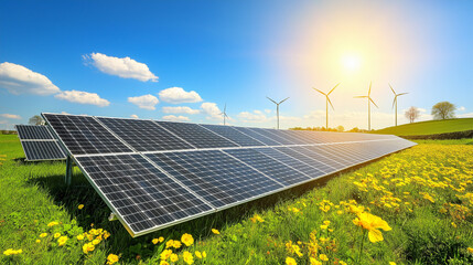 Solar Energy Field: Gleaming Panels, Bright Sunlight, Wind Turbines, Green Landscape, Sustainable Technology, Clean Energy Future