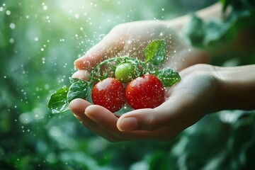 Closeup of hands holding fresh ripe red tomatoes with green leaves and water drops