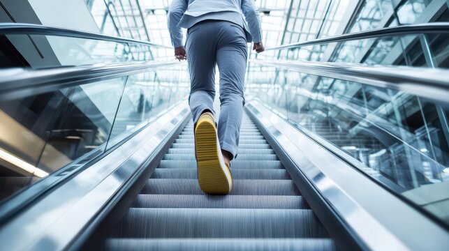 Businessperson ascending an escalator in a corporate setting