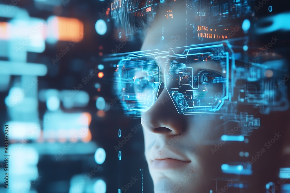 Poster man wearing futuristic augmented reality glasses, looking at digital interface. concept of virtual r