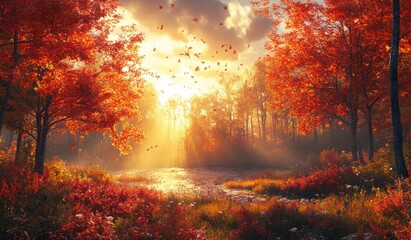 Autumnal Sunset in a Forest