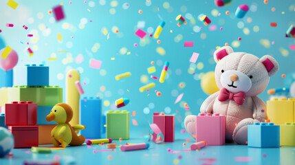 Naklejka premium Playful Children's Day Celebration with Teddy Bear and Toy Blocks