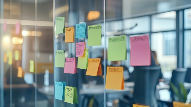 Group brainstorming session with sticky notes on a glass wall