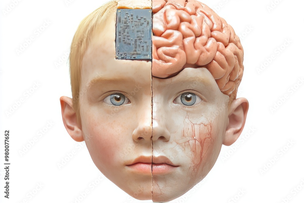 Poster child with exposed brain and neural implant symbolizing the integration of technology with human cog