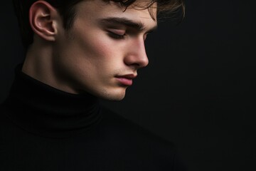 Fototapeta premium Portrait of a young man in a turtleneck against a dark backdrop gazing downwards