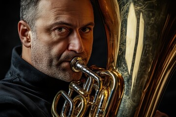 Portrait of a classical male musician with a euphonium in an orchestra