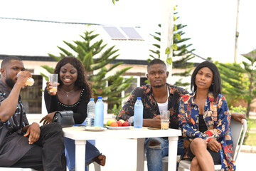 Group of friends enjoying wine and food in back yard