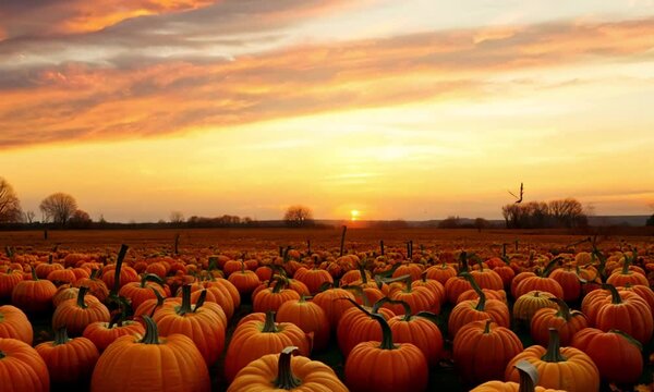 A vast giant pumpkin patch field at sunset in fall, with golden-orange skies casting a warm glow over the plump