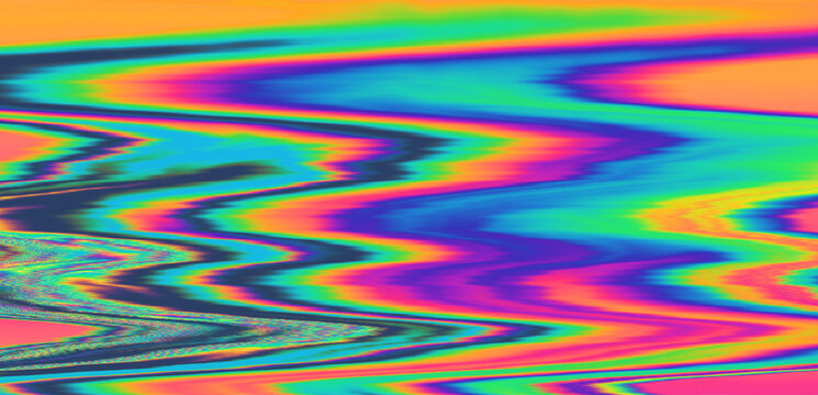 Vibrant abstract design featuring a swirling pattern of iridescent colors, predominantly purple, blue, green, yellow, and orange. 