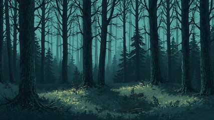 dark forest minimalist illustration eerie scary background