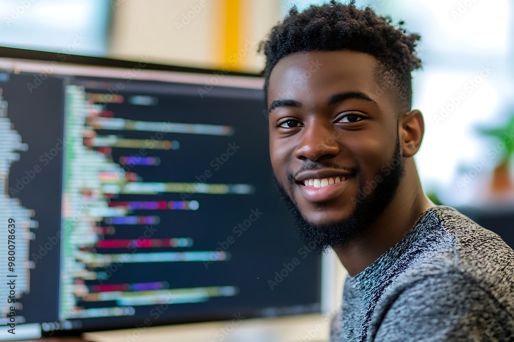 Poster smiling african american software developer working at his computer