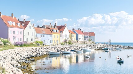 Naklejka premium Charming seaside town with pastel houses, ocean waves hitting rocky shores, depicted in a combination of watercolor and oil painting techniques