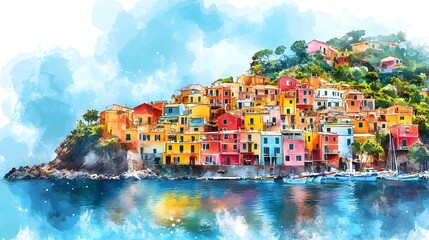 Colorful houses cascading down a hill, with their bright hues contrasting against the rich blue sea, captured in a dreamy watercolor style