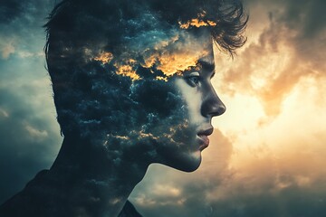 Double exposure portrait of young man with clouds, sky and sun, conceptual photography, dreamscape art