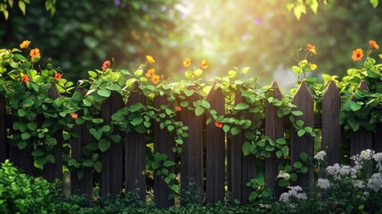 A lovely plant fence with climbing ivy, vibrant green leaves, and flowers, set against a realistic garden backdrop with soft sunlight