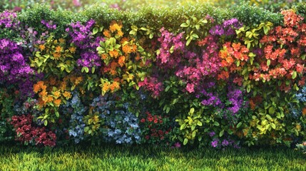 Obraz premium A vibrant plant fence made of colorful flowering bushes, offering privacy and beauty in a lush, green garden with a realistic background